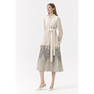 NNA Enjoy Cream Textured belted Midi Dress Pleated Skirt Made in Korea medium